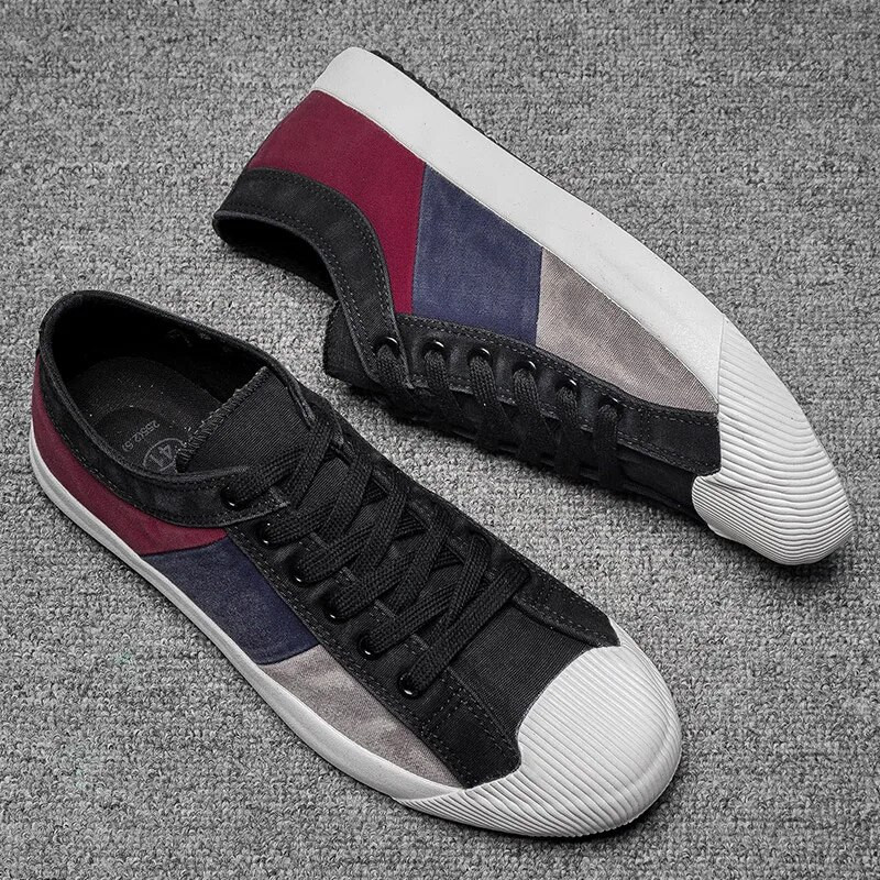 Nové pánske plátené tenisky, zmiešané farby, britská móda, pánske vulkanizované topánky, jar/jesenné patchworkové plátené pánske balerínky