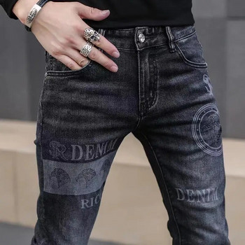 Висок клас стилни класически отличителни щамповани черни еластични дънкови дънки за мъже Висококачествени прилепнали еластични луксозни дънкови панталони