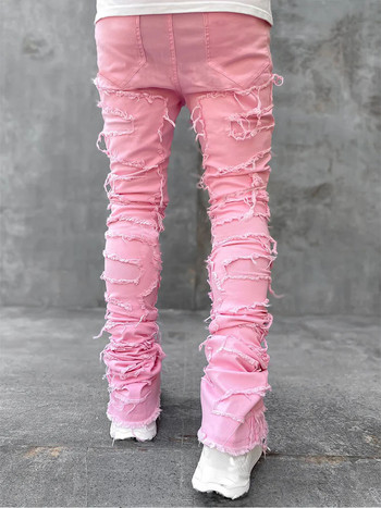Мъжки ежедневни разкъсани дънки с пискюли Пачуърк дизайн Slim Fit Едноцветни разтегливи дънкови панталони Прави крачоли Улични панталони