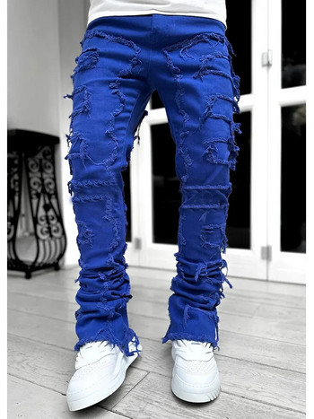 Мъжки ежедневни разкъсани дънки с пискюли Пачуърк дизайн Slim Fit Едноцветни разтегливи дънкови панталони Прави крачоли Улични панталони