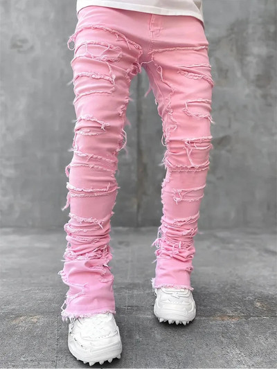 Blugi ocazional pentru bărbați, învechiți, cu ciucuri, design mozaic, slim fit, culoare uni, pantaloni din denim elastic, cu picioare drepte, pantaloni streetwear