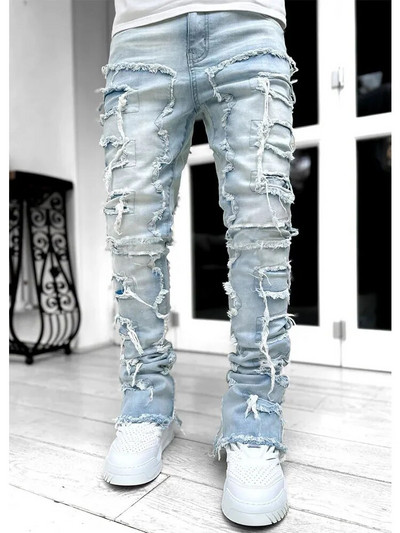 Blugi ocazional pentru bărbați, învechiți, cu ciucuri, design mozaic, slim fit, culoare uni, pantaloni din denim elastic, cu picioare drepte, pantaloni streetwear