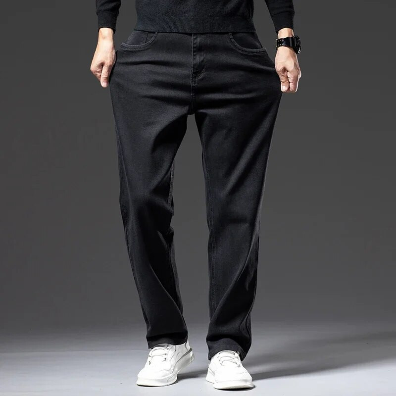 Pánske džínsy s rovnými nohavicami v klasickom štýle, jesenné a zimné, obyčajné čierne, s elastickými nohavicami, voľné, značkové