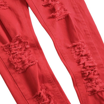 Мъжки дънкови дънки Съсипани панталони с дупки Дизайнерска марка Silm Прави скъсани панталони Разкъсани бели червени черни големи размери
