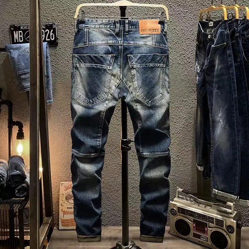 Nové jesenné a zimné štýlové rovné cargo vintage dizajnérske oblečenie džínsové dlhé kórejské módne pánske motocyklové pracovné strečové nohavice