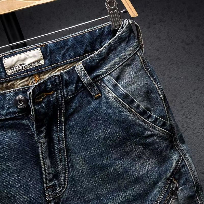 Nové jesenné a zimné štýlové rovné cargo vintage dizajnérske oblečenie džínsové dlhé kórejské módne pánske motocyklové pracovné strečové nohavice