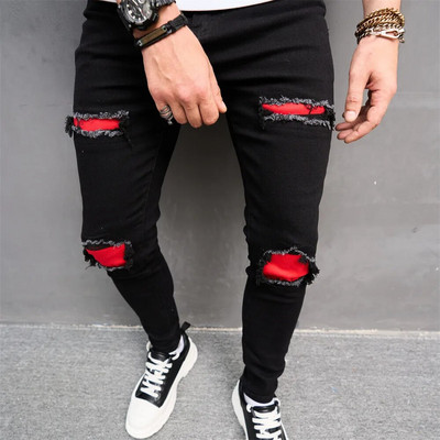 ΝΕΟ Ανδρικό Streetwear Ripped Patch Κομψό τζιν παντελόνι Ανδρικό αδύνατο τζιν παντελόνι με μολύβι