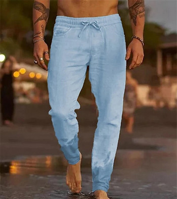 2024 Нови памучни ленени панталони Лятна мода Мъжки ежедневни панталони Едноцветни панталони с еластична талия Мъжки свободни плажни панталони за джогинг