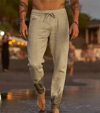 2024 Нови памучни ленени панталони Лятна мода Мъжки ежедневни панталони Едноцветни панталони с еластична талия Мъжки свободни плажни панталони за джогинг