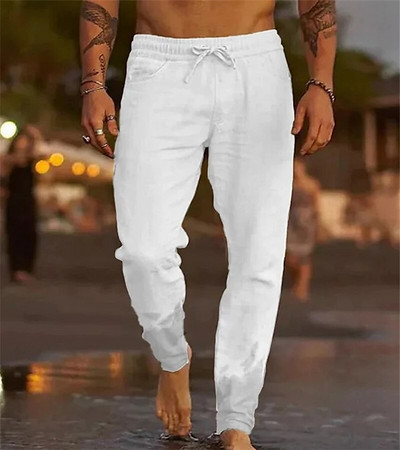2024, pantaloni noi din bumbac, in, moda de vară, pantaloni casual pentru bărbați, de culoare solidă, cu talie elastică, pantaloni largi de jogging pentru bărbați, pantaloni de plajă
