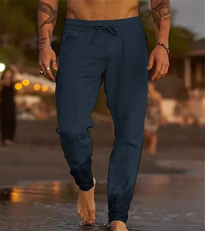 2024, pantaloni noi din bumbac, in, moda de vară, pantaloni casual pentru bărbați, de culoare solidă, cu talie elastică, pantaloni largi de jogging pentru bărbați, pantaloni de plajă
