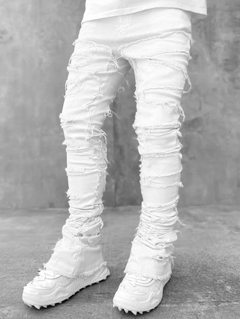 Άνδρας στοιβαγμένο τζιν Ελαστική μέση ίσια μπαλώματα τζιν μακρύ παντελόνι με κρόσια σκισμένο τζιν για άνδρες