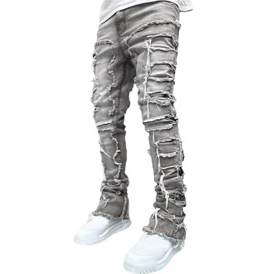 Blugi stivuiți pentru bărbați, talie elastică, pantaloni lungi, patchworks, blugi cu franjuri, pentru bărbați