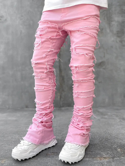 Blugi stivuiți pentru bărbați, talie elastică, pantaloni lungi, patchworks, blugi cu franjuri, pentru bărbați