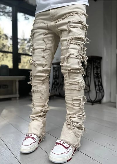 Blugi stivuiți pentru bărbați, talie elastică, pantaloni lungi, patchworks, blugi cu franjuri, pentru bărbați