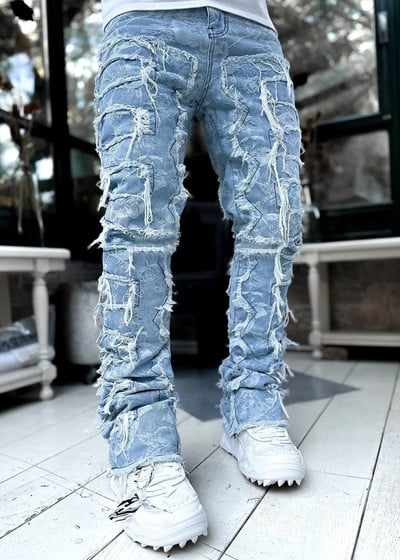 Blugi stivuiți pentru bărbați, talie elastică, pantaloni lungi, patchworks, blugi cu franjuri, pentru bărbați