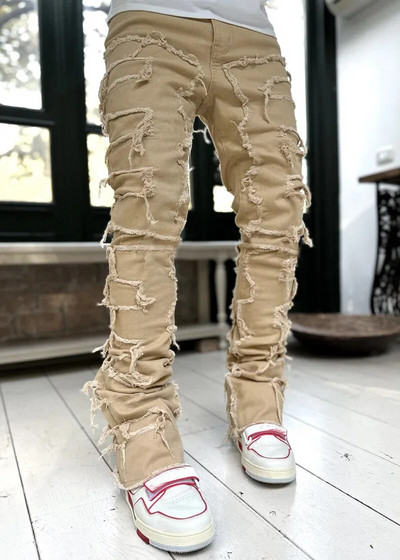 Blugi stivuiți pentru bărbați, talie elastică, pantaloni lungi, patchworks, blugi cu franjuri, pentru bărbați