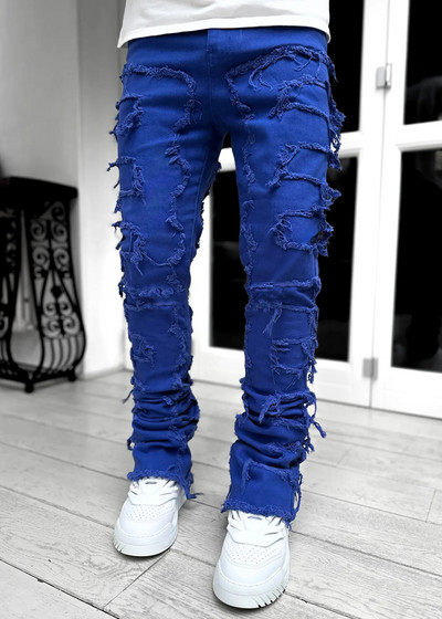 Blugi stivuiți pentru bărbați, talie elastică, pantaloni lungi, patchworks, blugi cu franjuri, pentru bărbați