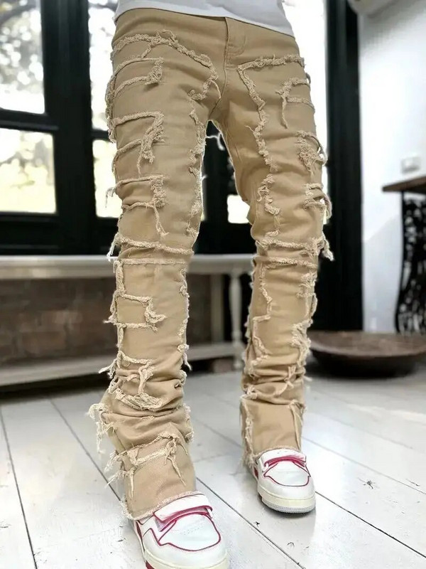 Férfi halmozott farmernadrág, elasztikus derék, egyenesen illeszkedő patchworks farmer hosszú nadrág rojtos szakadt farmer férfi férfiaknak