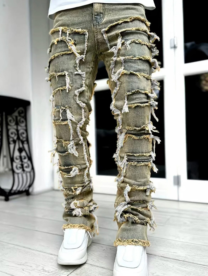 Férfi halmozott farmernadrág, elasztikus derék, egyenesen illeszkedő patchworks farmer hosszú nadrág rojtos szakadt farmer férfi férfiaknak