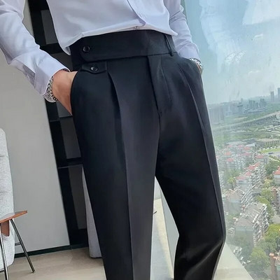 Pantaloni de costum pentru bărbați, culoare solidă, slim fit, primăvară, toamnă, îmbrăcăminte de stradă, pantaloni drepți cu talie elastică, pantaloni formali de birou pentru bărbați