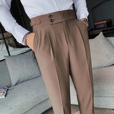 Pantaloni de costum pentru bărbați, culoare solidă, slim fit, primăvară, toamnă, îmbrăcăminte de stradă, pantaloni drepți cu talie elastică, pantaloni formali de birou pentru bărbați