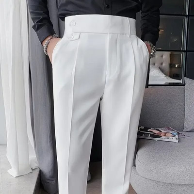 Pantaloni de costum pentru bărbați, culoare solidă, slim fit, primăvară, toamnă, îmbrăcăminte de stradă, pantaloni drepți cu talie elastică, pantaloni formali de birou pentru bărbați