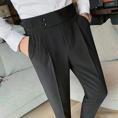 Pantaloni de costum pentru bărbați, culoare solidă, slim fit, primăvară, toamnă, îmbrăcăminte de stradă, pantaloni drepți cu talie elastică, pantaloni formali de birou pentru bărbați