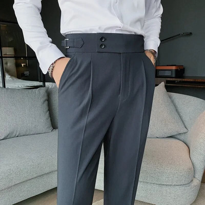 Pantaloni de costum pentru bărbați, culoare solidă, slim fit, primăvară, toamnă, îmbrăcăminte de stradă, pantaloni drepți cu talie elastică, pantaloni formali de birou pentru bărbați