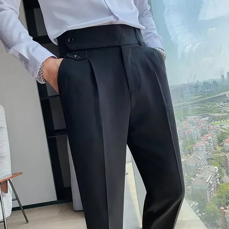 Pantaloni de costum pentru bărbați, culoare solidă, slim fit, primăvară, toamnă, îmbrăcăminte de stradă, pantaloni drepți cu talie elastică, pantaloni formali de birou pentru bărbați