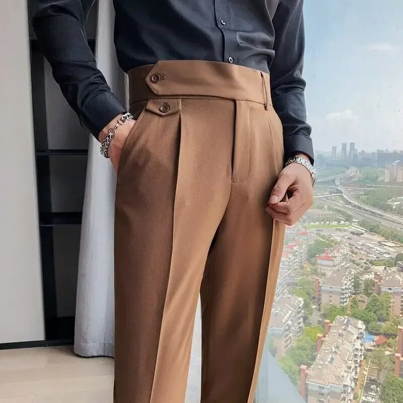 Pantaloni de costum pentru bărbați, culoare solidă, slim fit, primăvară, toamnă, îmbrăcăminte de stradă, pantaloni drepți cu talie elastică, pantaloni formali de birou pentru bărbați