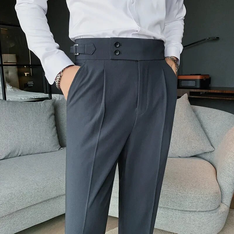 Pantaloni de costum pentru bărbați, culoare solidă, slim fit, primăvară, toamnă, îmbrăcăminte de stradă, pantaloni drepți cu talie elastică, pantaloni formali de birou pentru bărbați