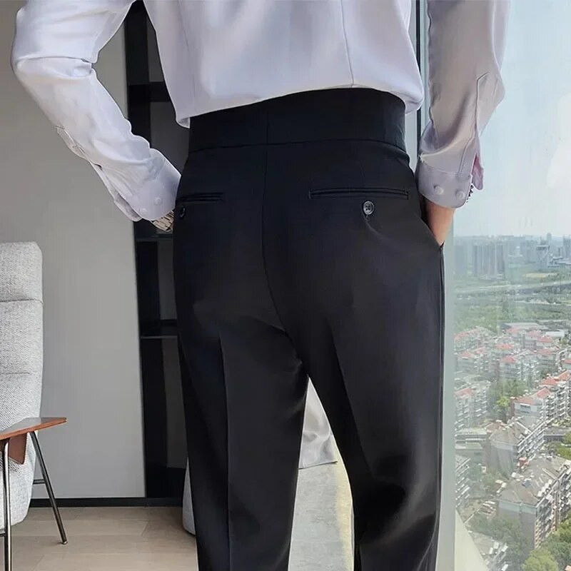 Pantaloni de costum pentru bărbați, culoare solidă, slim fit, primăvară, toamnă, îmbrăcăminte de stradă, pantaloni drepți cu talie elastică, pantaloni formali de birou pentru bărbați