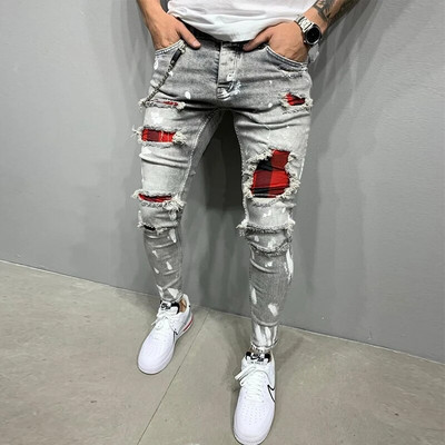 Νέα ανδρικά Skinny Ripped Jeans Fashion Grid Hole Endothecium Patches Slim Fit Stretch Casual τζιν μολύβι παντελόνι τζόκινγκ