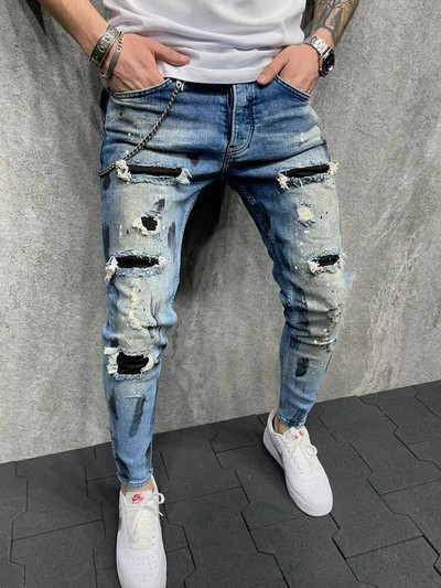 Blugi slăbiți pentru bărbați noi, slăbiți, cu găuri în grilă, patch-uri de endoteci, pantaloni de jogging, pantaloni casual, elastici, slim fit