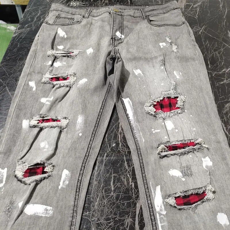 Blugi slăbiți pentru bărbați noi, slăbiți, cu găuri în grilă, patch-uri de endoteci, pantaloni de jogging, pantaloni casual, elastici, slim fit