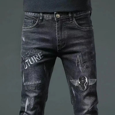 Nauji džinsai Slim Streetwear 90-ųjų hiphopo ploni grafinio dizainerio drabužiai Originalūs kaubojiški laisvalaikio siuvinėjimo kelnės vyrams