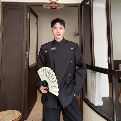 LUZHEN 2024 Nový čínsky sako so stojacím golierom, módny pánsky sako s kovovými gombíkmi, štýlový elegantný ležérny kabát, vintage jar 8be7a5