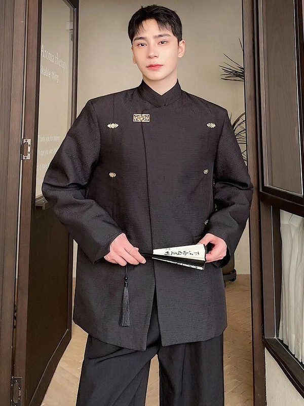 LUZHEN 2024 Nový čínsky sako so stojacím golierom, módny pánsky sako s kovovými gombíkmi, štýlový elegantný ležérny kabát, vintage jar 8be7a5