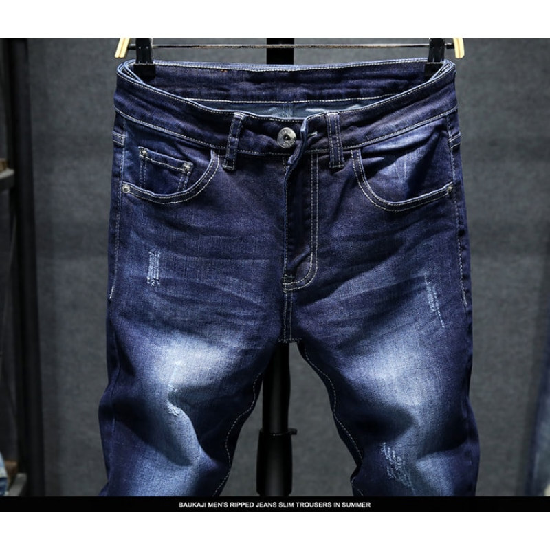 Nové jarné jesenné kórejské módne strečové džínsy pre chlapcov, značkové oblečenie, úzke nohavice, pánske štíhle modré roztrhané nohavice