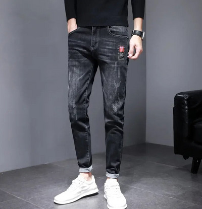 Muške rastezljive poderane uske bajkerske traperice s vezom s printom crtića Destroy Hole Slim Fit traperice visoke kvalitete Hip Hop crne traperice