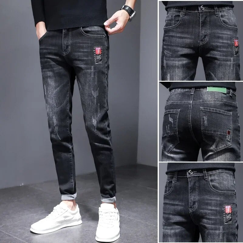 Muške rastezljive poderane uske bajkerske traperice s vezom s printom crtića Destroy Hole Slim Fit traperice visoke kvalitete Hip Hop crne traperice