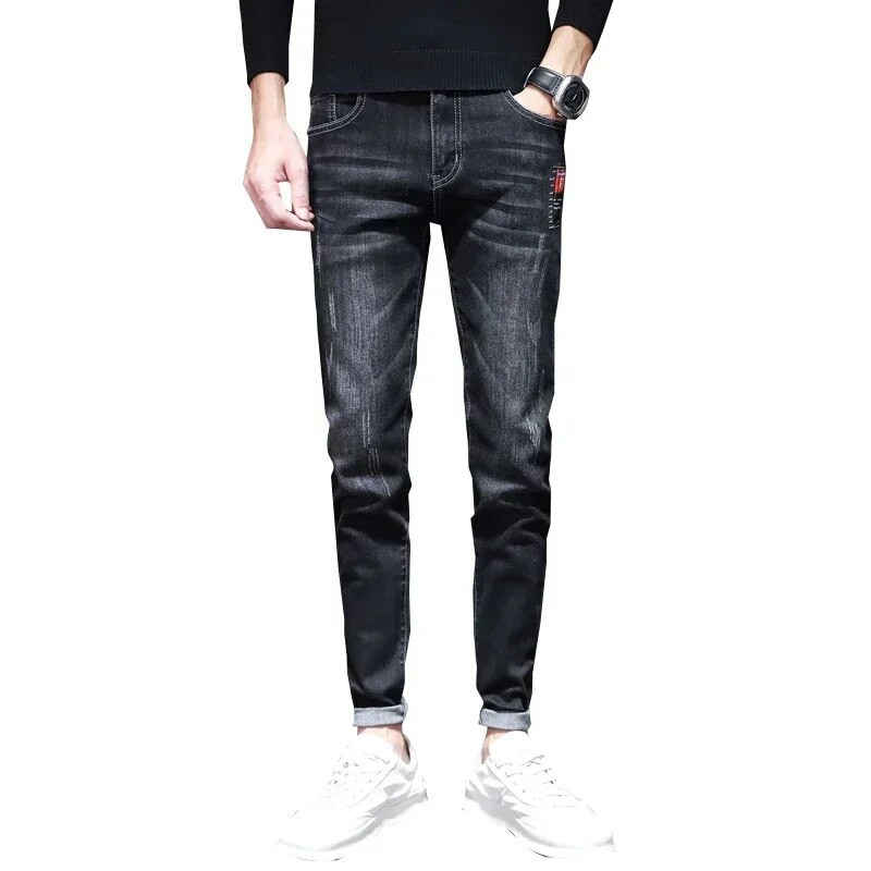 Muške rastezljive poderane uske bajkerske traperice s vezom s printom crtića Destroy Hole Slim Fit traperice visoke kvalitete Hip Hop crne traperice