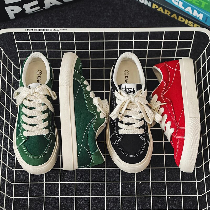 Pánske plátené topánky v štýle Harajuku, módne zelené pánske ležérne topánky, vulkanizované topánky na platforme, pánske plátené tenisky