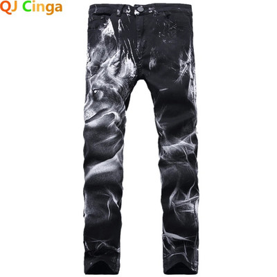 Нощен клуб Мъжки дънки с 3D печат Denim Черен вълк Pattern Punk Straight Cotton Casual Print Denim Pants Plus Size 28-42