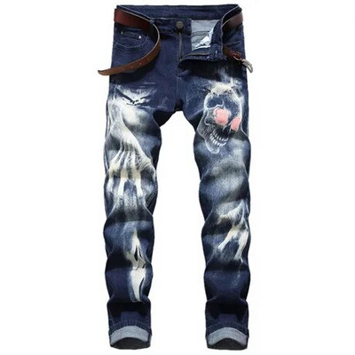 Club de noapte Blugi pentru bărbați cu imprimare 3D Denim cu model de lup negru imprimat punk drept bumbac Pantaloni casual din denim cu imprimare Plus mărimea 28-42