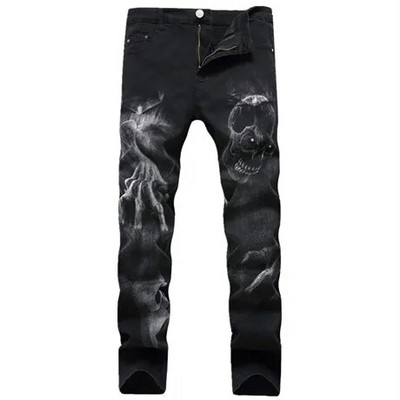 Club de noapte Blugi pentru bărbați cu imprimare 3D Denim cu model de lup negru imprimat punk drept bumbac Pantaloni casual din denim cu imprimare Plus mărimea 28-42