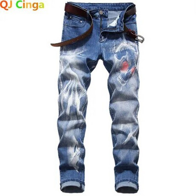 Club de noapte Blugi pentru bărbați cu imprimare 3D Denim cu model de lup negru imprimat punk drept bumbac Pantaloni casual din denim cu imprimare Plus mărimea 28-42