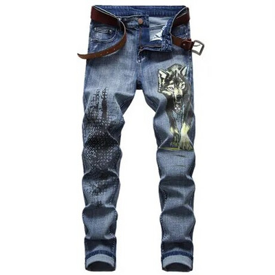 Club de noapte Blugi pentru bărbați cu imprimare 3D Denim cu model de lup negru imprimat punk drept bumbac Pantaloni casual din denim cu imprimare Plus mărimea 28-42