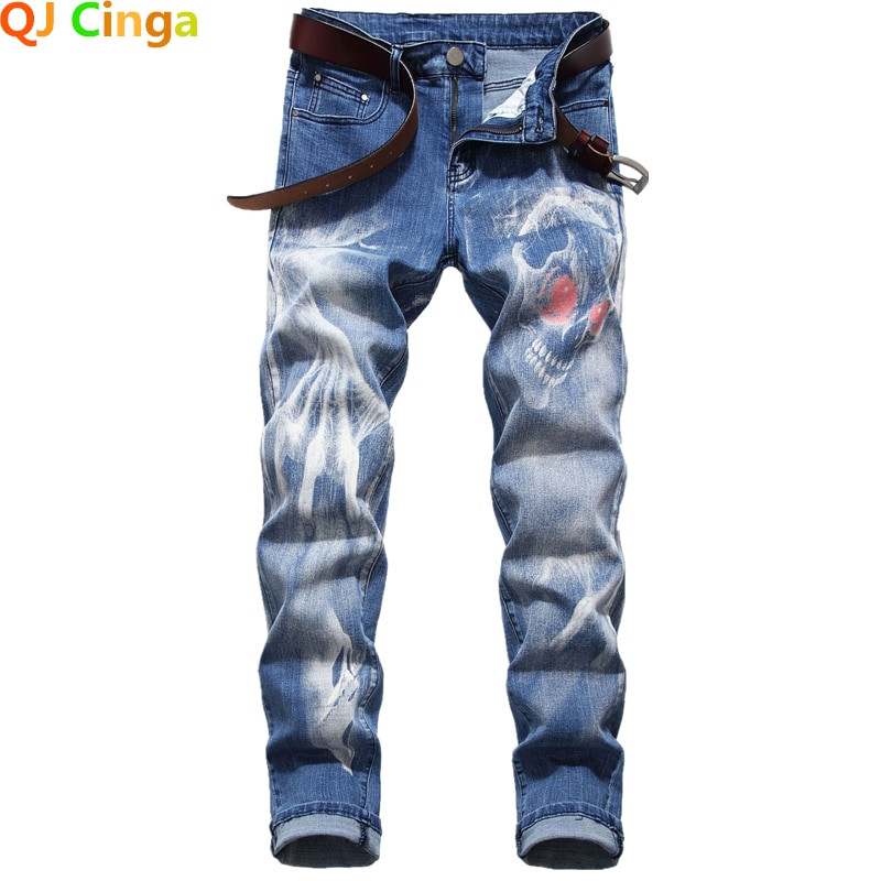 Club de noapte Blugi pentru bărbați cu imprimare 3D Denim cu model de lup negru imprimat punk drept bumbac Pantaloni casual din denim cu imprimare Plus mărimea 28-42